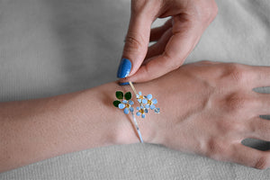 Openable Sterling silver bangle with bunch of Forget-Me-Not sky blue flowers, handmade 