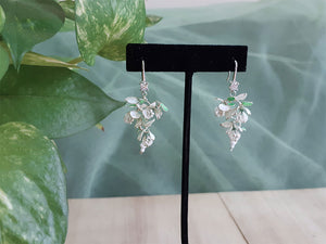 An elegant dangle flower earrings white Bougainvillea, tiny 7MM flowers leaves cluster, white and pastel green, Silver finish