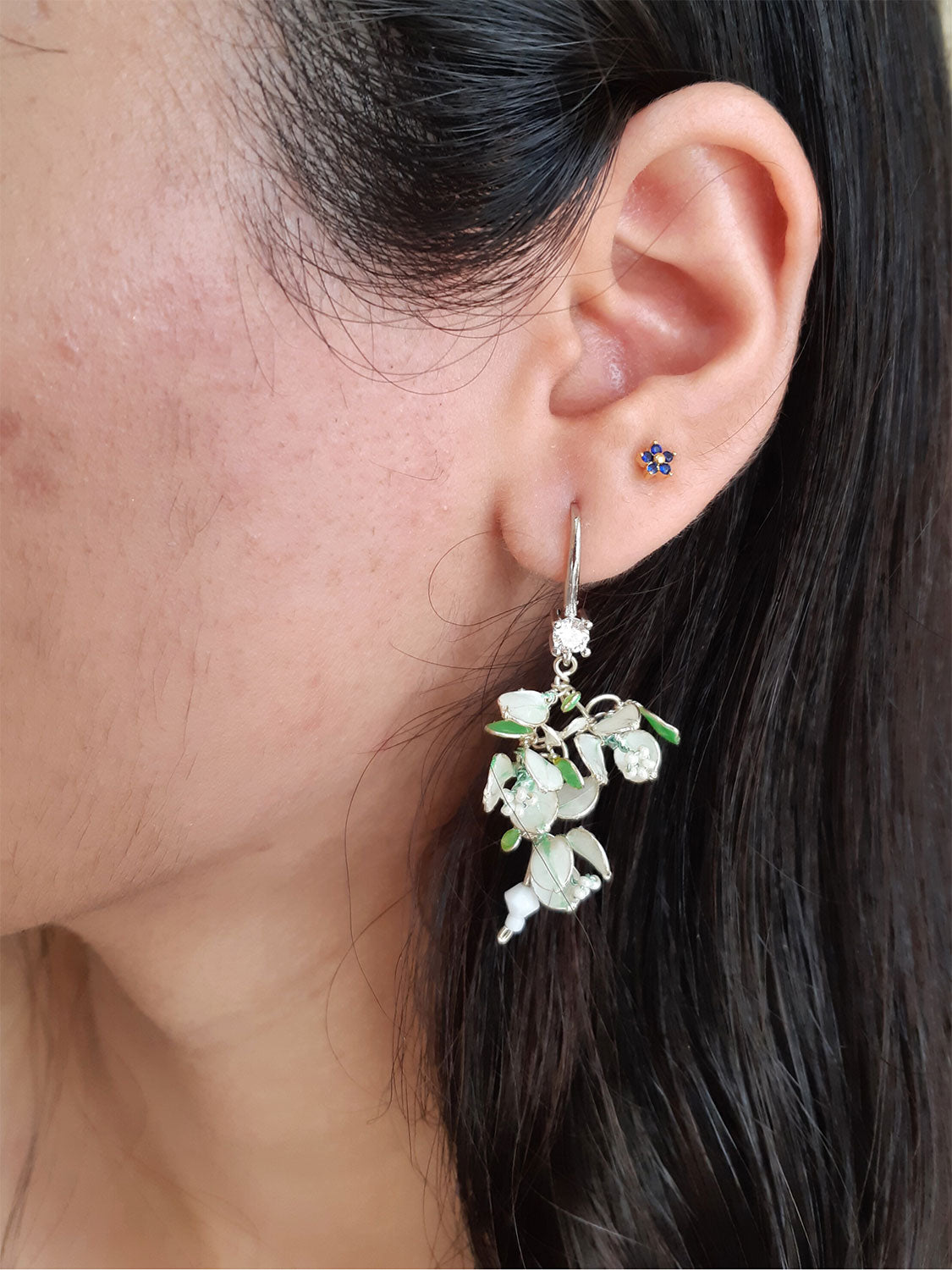 An elegant dangle flower earrings white Bougainvillea, tiny 7MM flowers leaves cluster, white and pastel green, Silver finish