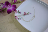 A handmade and hand-painted Purple white Orchid flower twig pendant and chain, Orchid flower long earrings in silver finish.
