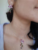 A handmade and hand-painted Purple white Orchid flower twig pendant and chain, Orchid flower long earrings in silver finish.