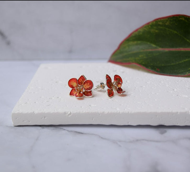 Red-gold hand-painted Orchid flower stud earrings