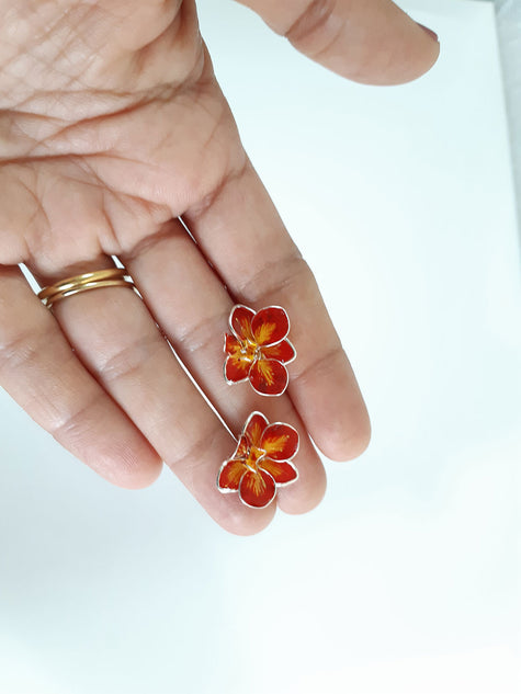 Red-gold hand-painted Orchid flower stud earrings