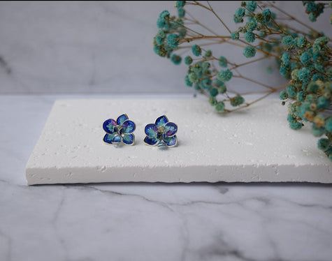 Blue-Teal hand-painted Orchid flower stud earrings.