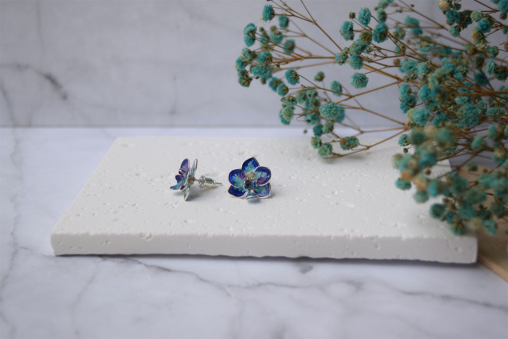 Blue-Teal hand-painted Orchid flower stud earrings