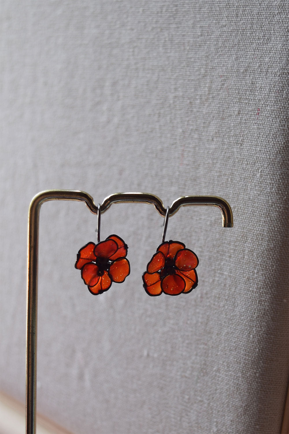 A hand formed black wire Poppy flowers earrings, a gift for Christmas or Valentine's Day