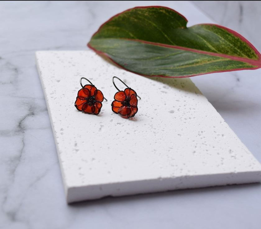 A hand formed black wire Poppy flowers earrings, a gift for Christmas or Valentine's Day
