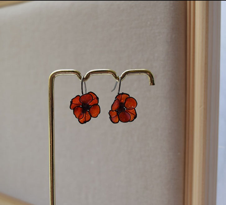 A hand formed black wire Poppy flowers earrings, a gift for Christmas or Valentine's Day