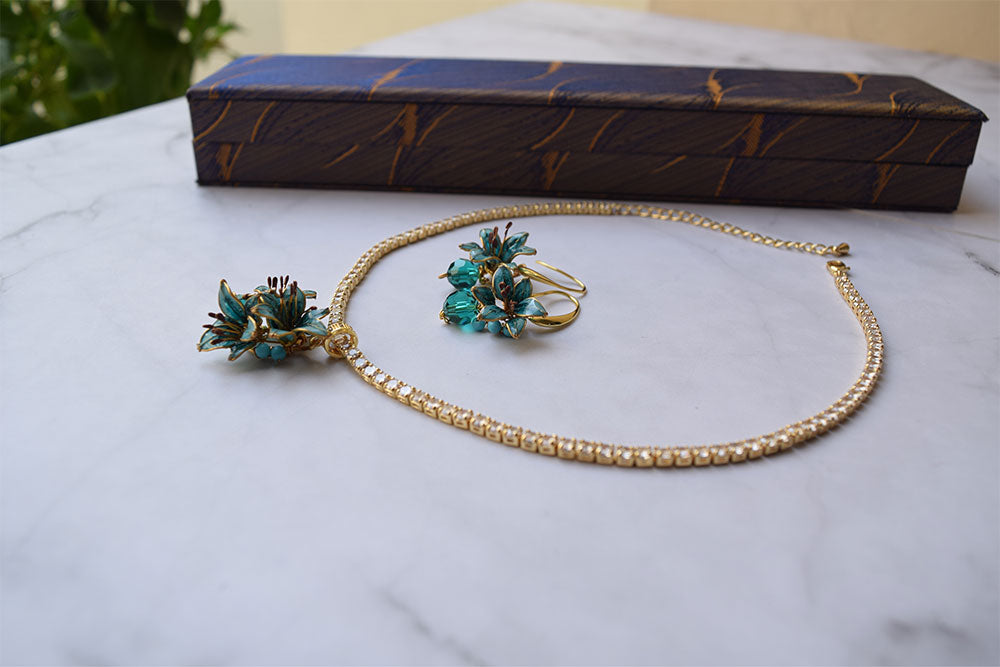 A handmade Teal flower jewellery set including crystal choker, earrings dangle, crystal adjustable bracelet, cocktail finger ring