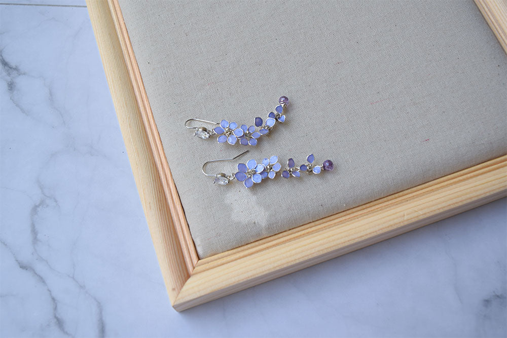 A delicate, elegant long silver finish earrings with tiny cascading Lavender/purple flowers with dangling Zircon teardrop, handmade artisan earrings.