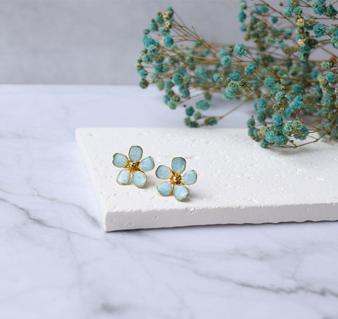 Cute little Forget-Me-Not flower stud earrings for women, Handmade and painted.
