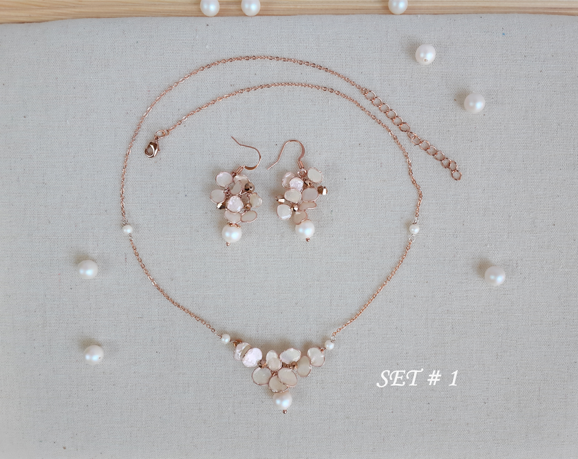 Rose Gold blush Floral Pearl Necklace set