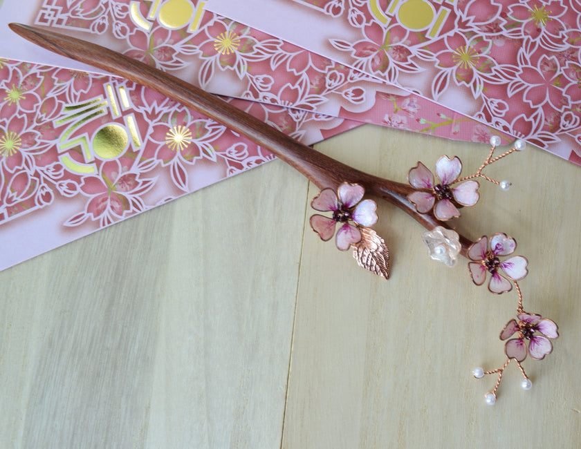 Sakura branch hair stick wooden, Japanese Pink Cherry Blossom
