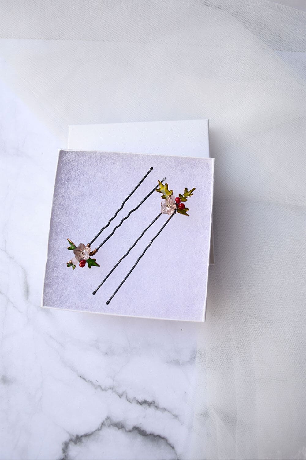Holly Faux or Cherry leaves hair forks for Christmas