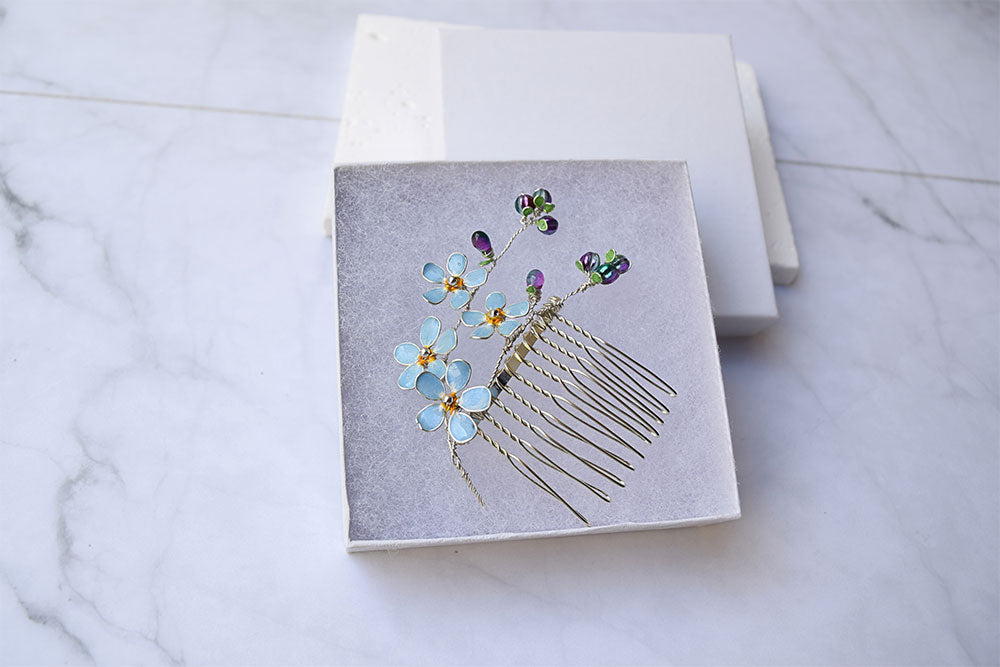 Delicate Forget-Me-Not flowers branch hair comb in silver finish, handmade flower bridal comb.