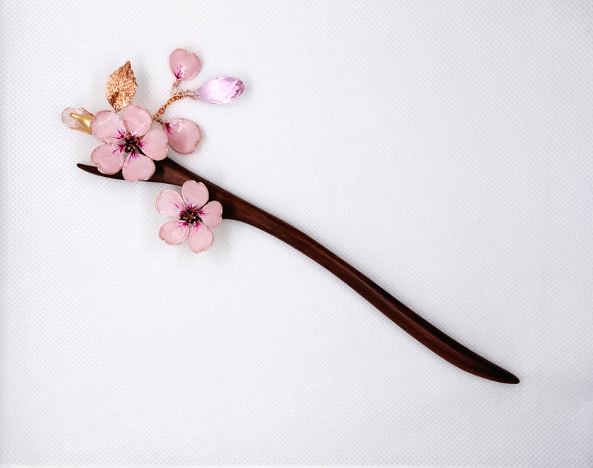 Pink Sakura/Cherry Blossom wooden hair stick with dangle chain