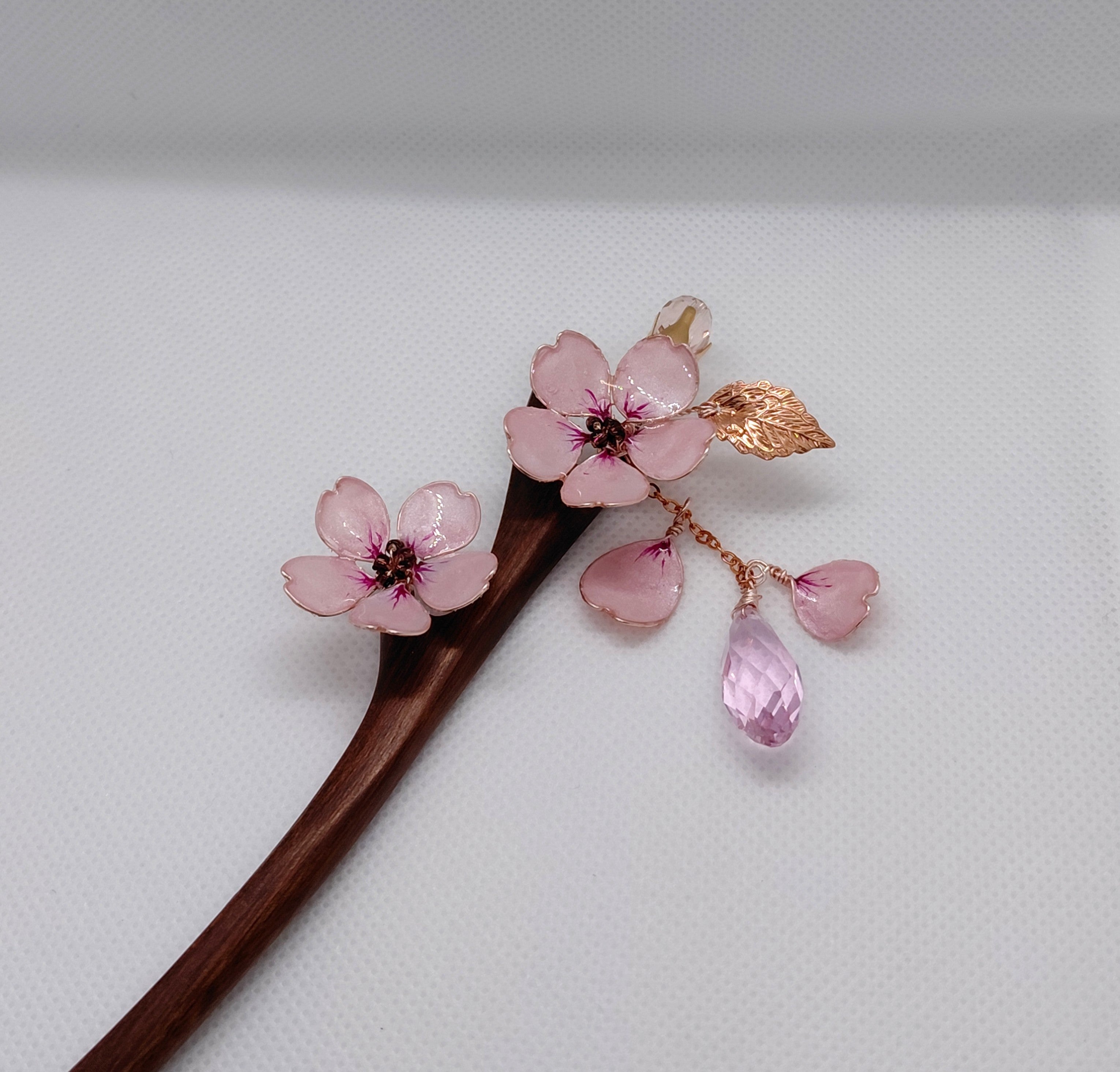 Pink Sakura/Cherry Blossom wooden hair stick with dangle chain