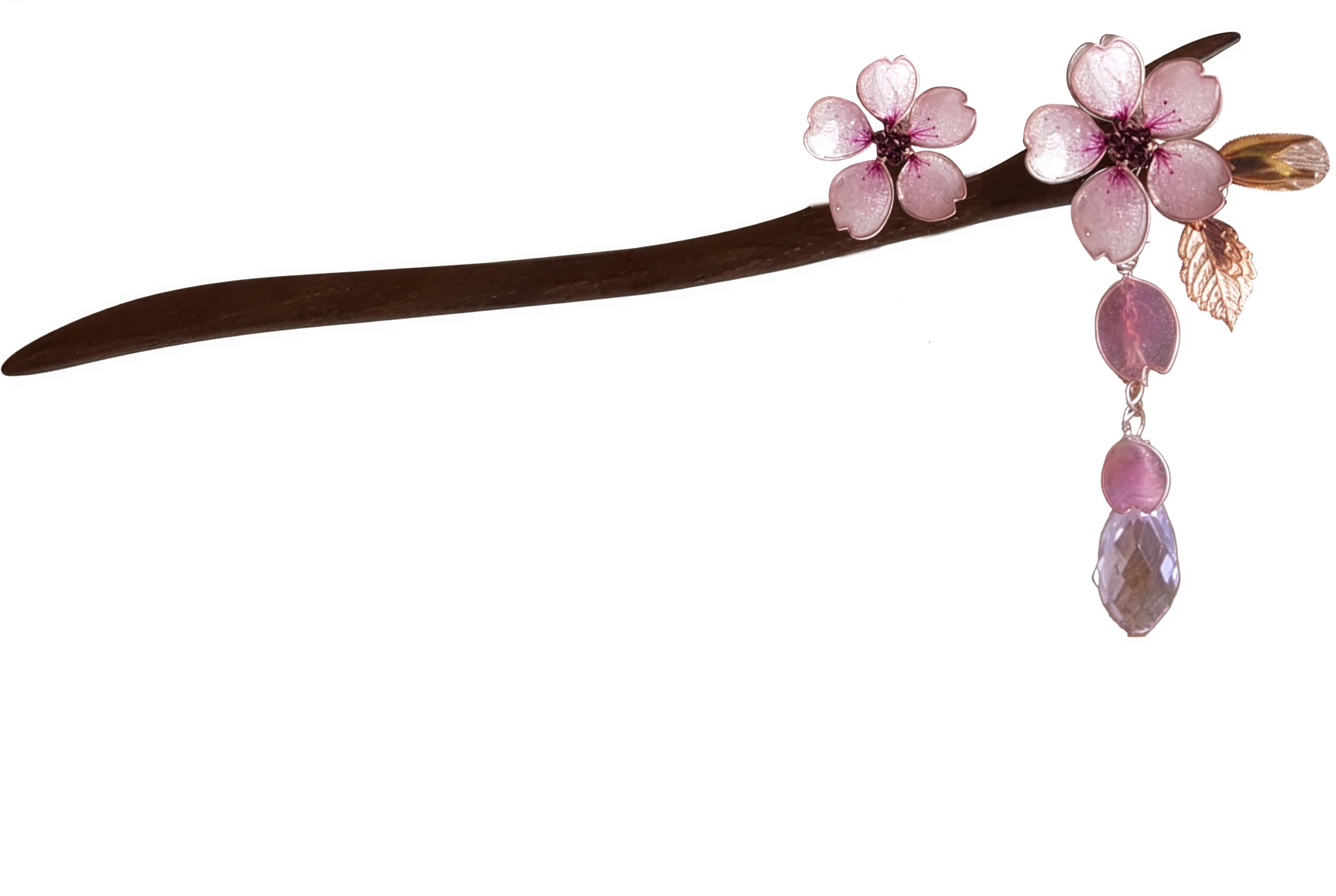 Pink Sakura/Cherry Blossom wooden hair stick with dangle chain